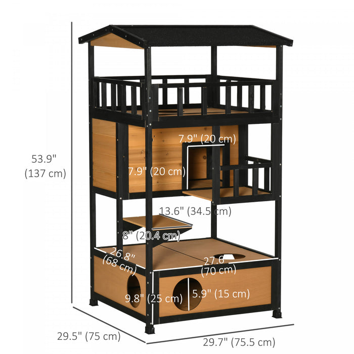 Pawhut Maison D'exterieur En Bois Pour Chat, Abri Pour Chat Sauvage, Arbre A Chaton Avec Toit En Asphalte, Portes De Secours, Condo, Plate-forme De Saut, Jaune