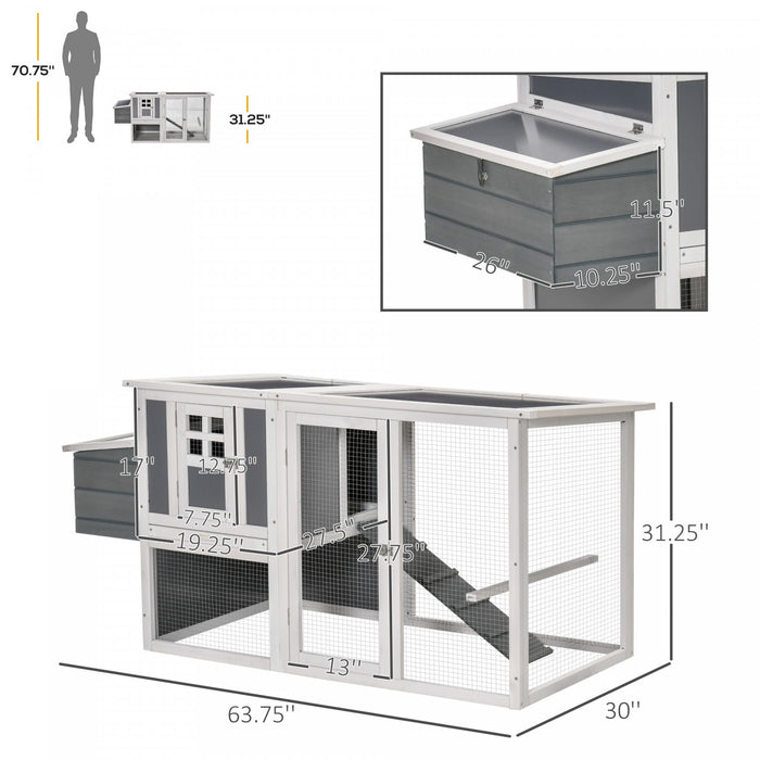 Pawhut Poulailler En Bois De 64 Cm, Poulailler Exterieur Avec Enclos Exterieur, Nichoir, Plateau Amovible, Toit En Tole Creuse Ouvrable Et Portes Verrouillables