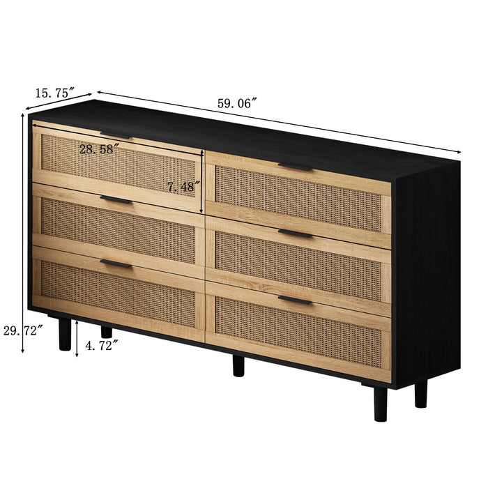 Meuble de rangement moderne Mila a 6 tiroirs en rotin avec structure en bois manufacture, noir, 150 cm