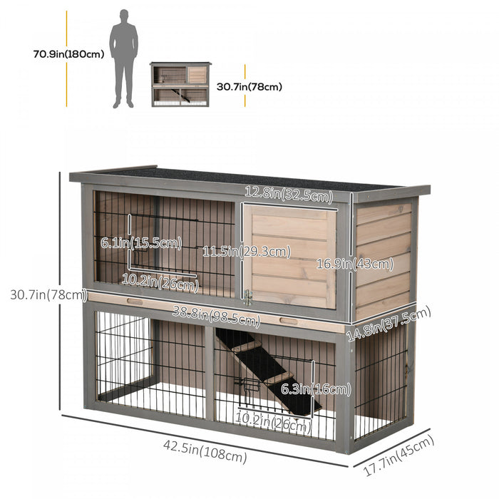 Pawhut Clapier A Lapin A 2 Etages Cage A Lapin Pour Petit Animal Avec Plateau Coulissant, Enclos, Dessus Ouvrable, Rampe, Pour Interieur Exterieur 42.5\" X 18\" X 31\"