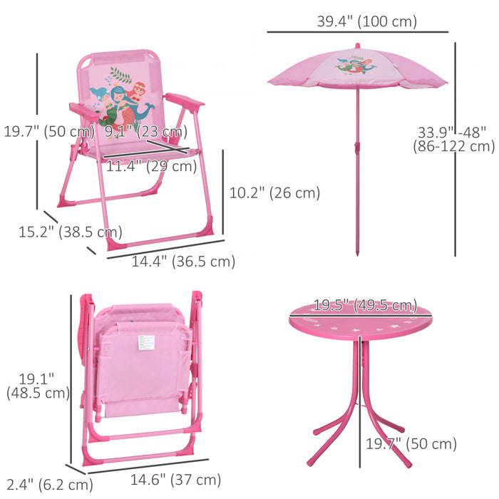 Outsunny Ensemble Table Et Chaises De Jardin Pour Enfants, Meubles De Jardin Pliants D'exterieur, Pour Terrasse, Arriere-cour, Avec Motif Sirene, Parasol Amovible Et Reglable En Hauteur