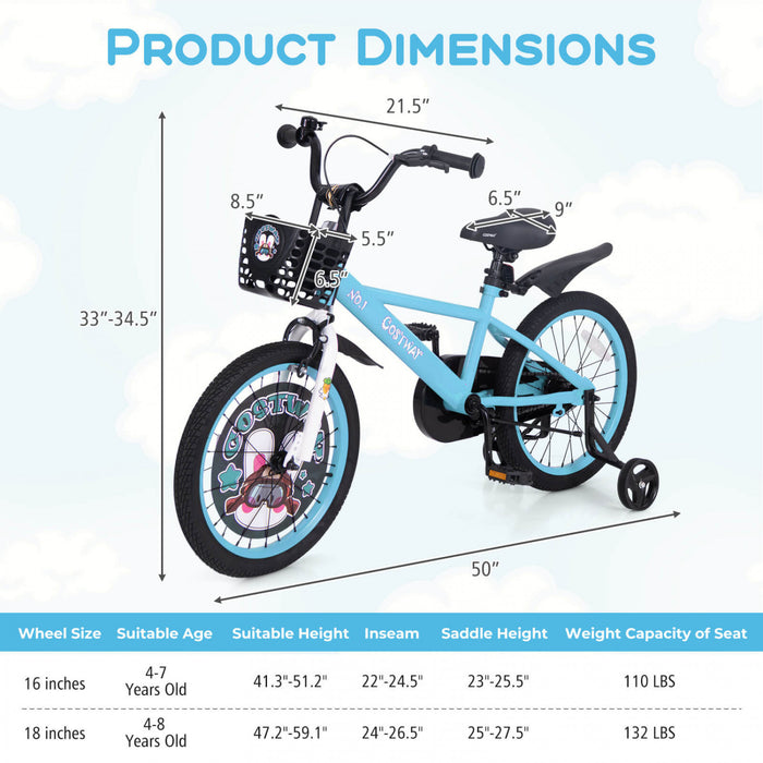 Costway 18\" Velo Pour Enfants Pour 4-8 Avec Guidon Reglable En Hauteur Et Frein A Main En Selle Bleu