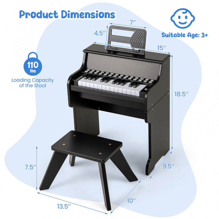 Costway Piano Numerique 25 Touches avec Pupitre, Tabouret, Touches Retroeclairees et Mode Enseignement pour Enfants des 3 Ans - Noir