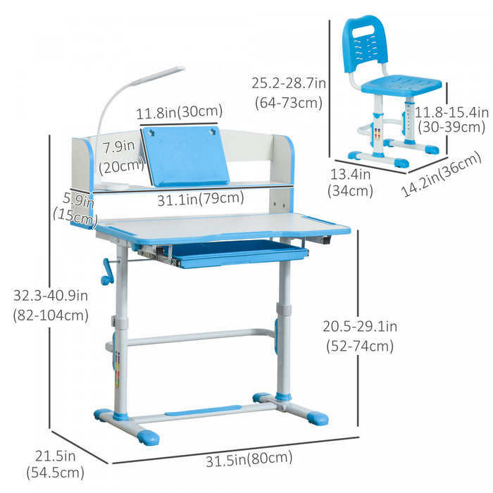Qaba Bureau Enfant Avec Chaise Ensemble Bureau Et Chaise Reglable Avec Lampe, Support De Lecture, Etagere Pour Livres, Tiroir Coulissant Multi-rangements Bleu Blanc