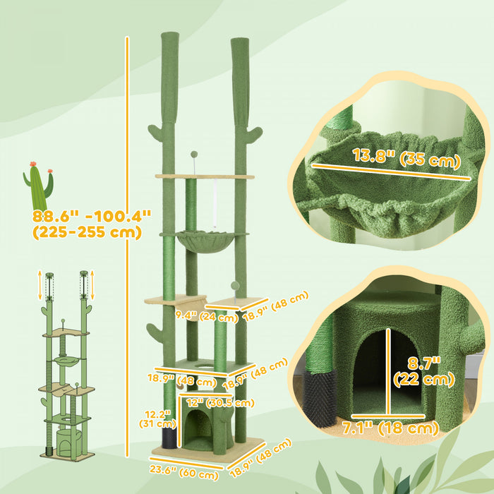 Pawhut Arbre A Chat Du Sol Au Plafond, Hauteur Reglable De 89 A 100 Po Pour Grands Chats Avec Griffoirs, Brosse De Toilettage, Abri Pour Chat, Perchoirs, Hamacs, Boules, Vert