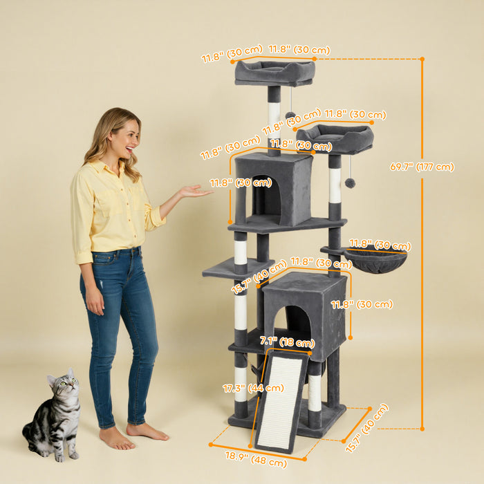 70\" Cat Tree with 2 Condos and Scratchers, Dark Grey