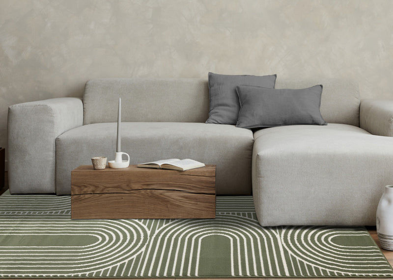 Carpette moderne Forte verte et blanche à motif d’arches géométriques - 7 pi 9 po x 10 pi 6 po