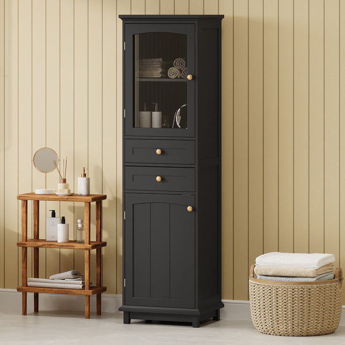 Jamie Armoire Haute De Salle De Bain 63\" En Bois De Pin Avec Etageres Reglables Et Portes Vitrees - Verte