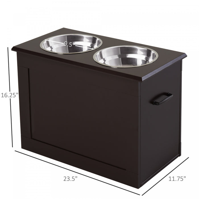 Gamelle Double Chien Chat Porte-gamelles Sureleve Dim. 60l X 30l X 41h Cm 2 Gamelles Poignees Coffre Mdf Chocolat