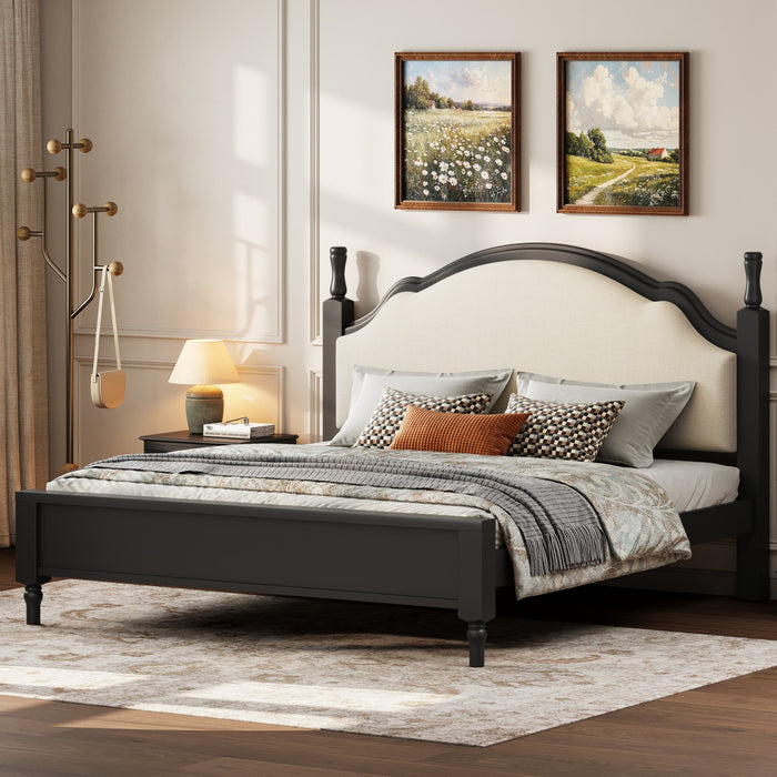 Lit plateforme Miles en bois format Queen avec tete de lit rembourree incurvee, noir