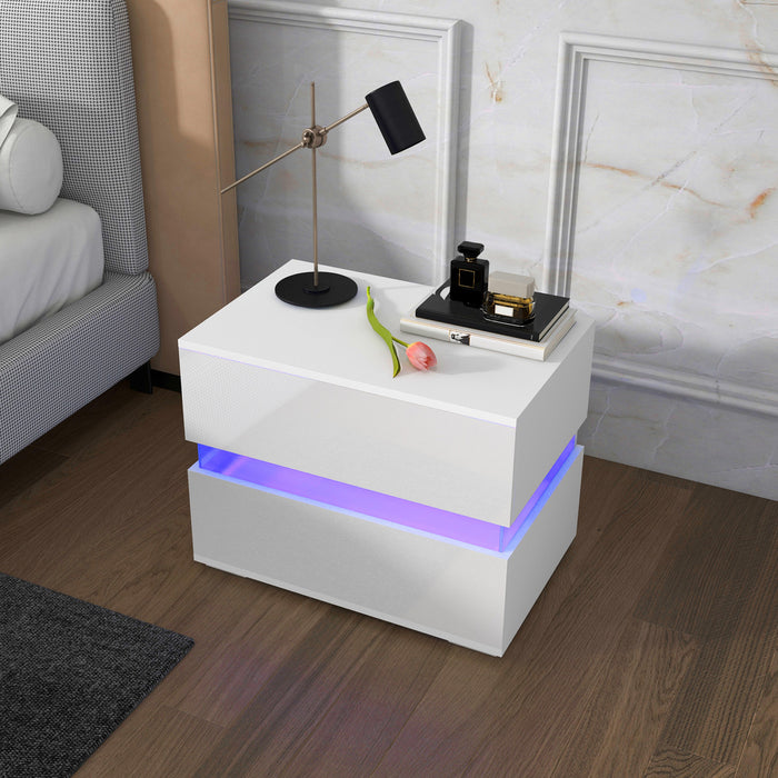 HOMCOM Table de chevet a LED avec tiroirs, Lumiere LED, Blanc