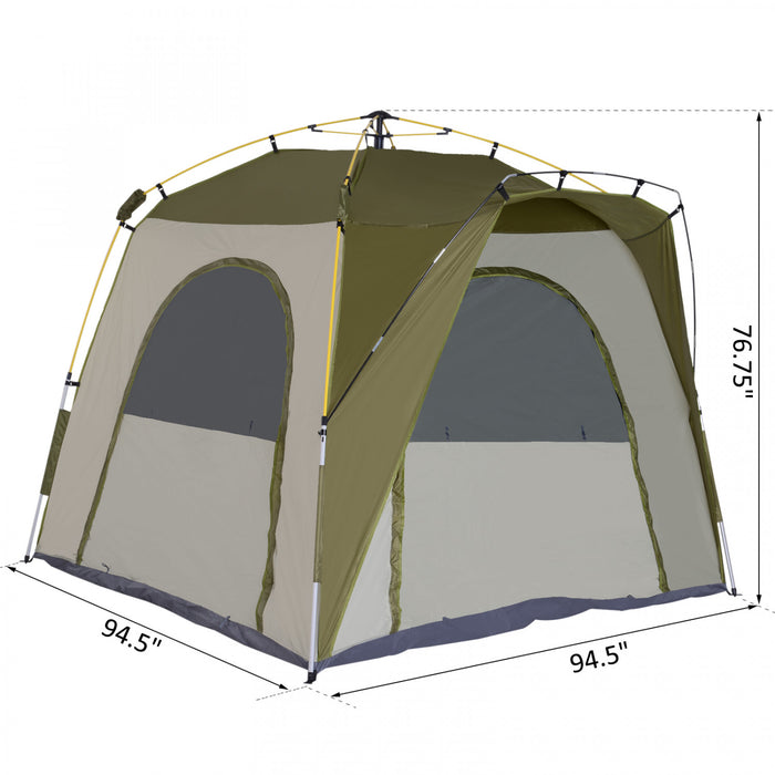 Tente De Camping Familiale 4-5 Personnes Montage Instantanee Pop-up 4 Fenetres Pare-soleil Dim. 2,4l X 2,4l X 1,95h M Fibre Verre Polyester Vert Gris