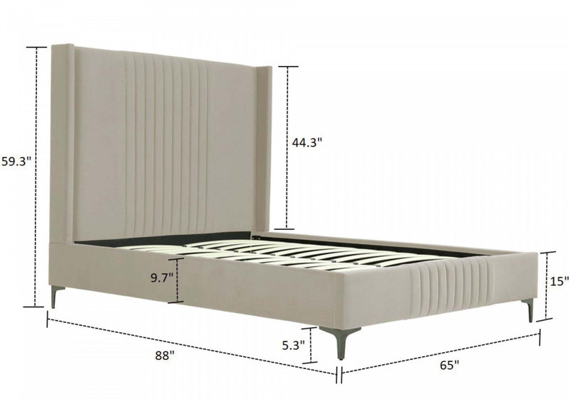 Lit Queen Promenade style milieu du siecle moderne en velours capitonne, coloris taupe rustique