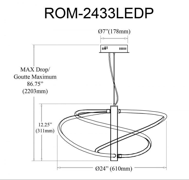 Luminaire suspendu Romy de Dainolite en silicone blanc qui diffuse la lumière, avec fini chromé poli et ampoule à DEL de 36 W
