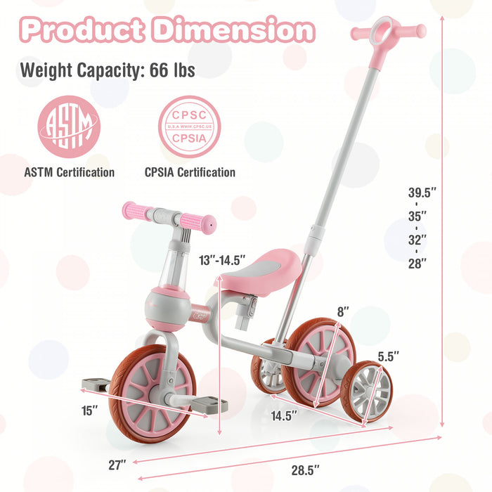 Costway 4 En 1 Enfants Tricycles Avec Poignee De Poussee Et Roues D'entrainement Bebe Equilibre Velo Rose