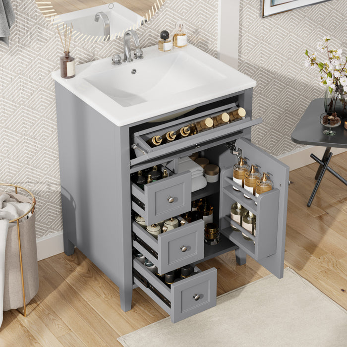Scott Meuble-lavabo de 24\" avec vasque en ceramique et pieds en bois caoutchouc, Gris