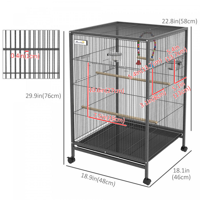 Pawhut Cage A Oiseaux 29\" Avec Support Roulant Pour Perroquets Et Pinsons, Grande Cage A Oiseaux Avec Balancoire Coloree, Bols En Acier Inoxydable, Plateau Amovible – Gris