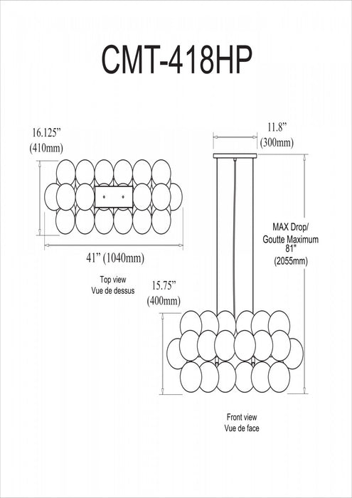 Luminaire suspendu horizontal Comet de Dainolite en verre fumé, avec fini chromé poli et 10 ampoules