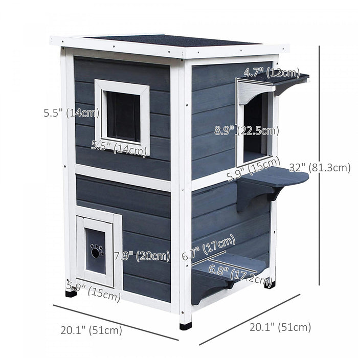 Pawhut Histoire Maison Pour Chats Exterieure, Enceinte Pour Chats Exterieure Abri Pour Chats En Bois Avec Fenetres, Plates-formes, Toit Ouvrant, Toit Asphalte, Gris