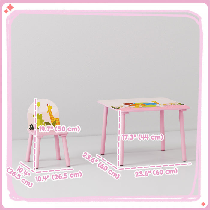Qaba Ensemble table et 2 chaises pour enfants, motif animalier, rose