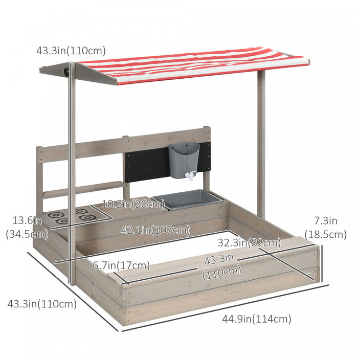 Kids Bac A Sable Avec Couvercle, Bac A Sable En Bois Avec Auvent Reglable, Jouets De Cuisine, Siege, Rangement, Exterieur Pour 3 A 7 Ans, 45\" X 43\"