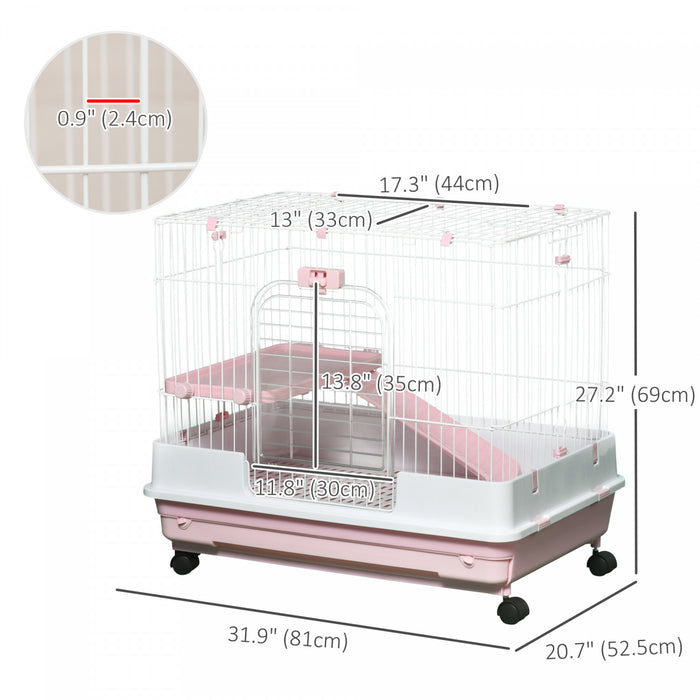 Pawhut Clapier A Lapin A 2 Niveaux Avec Roulettes, Plateau Amovible, Plateforme Et Rampe Pour Lapin, Chinchillas, Furet, Rose
