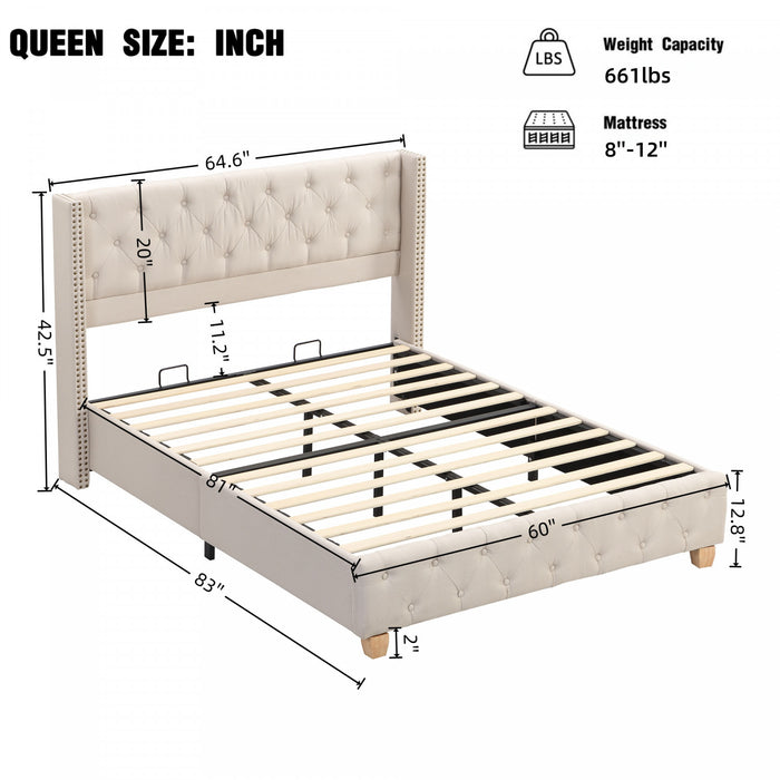 Lit plateforme en lin Haley avec tete de lit a ailes classiques et capitonnage en diamant, taille Queen, beige