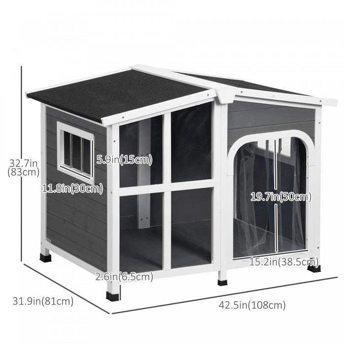 Pawhut Maison De Chien En Bois Pour L'exterieur Fond Amovible Niche Surelevee De Style Cabane Toit En Asphalte Ouvrable, Rideau De Porte, Fenetres Laterales Pour Chien De Grande Taille, Gris Fonce