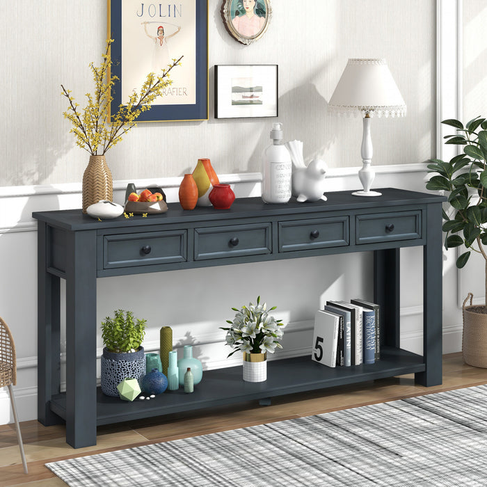 Table Console Gracie En Bois Massif Avec Tiroirs Et Etagere - Bleu Marine