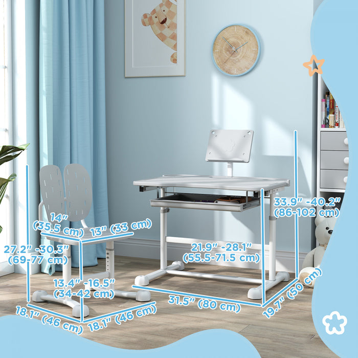 Qaba Ensemble Bureau Et Chaises Pour Enfants, Table D'etude Et Chaises Reglables En Hauteur Avec Bureau Inclinable, Grand Tableau D'ecriture, Support De Livre Pour 3 A 12 Ans, Gris