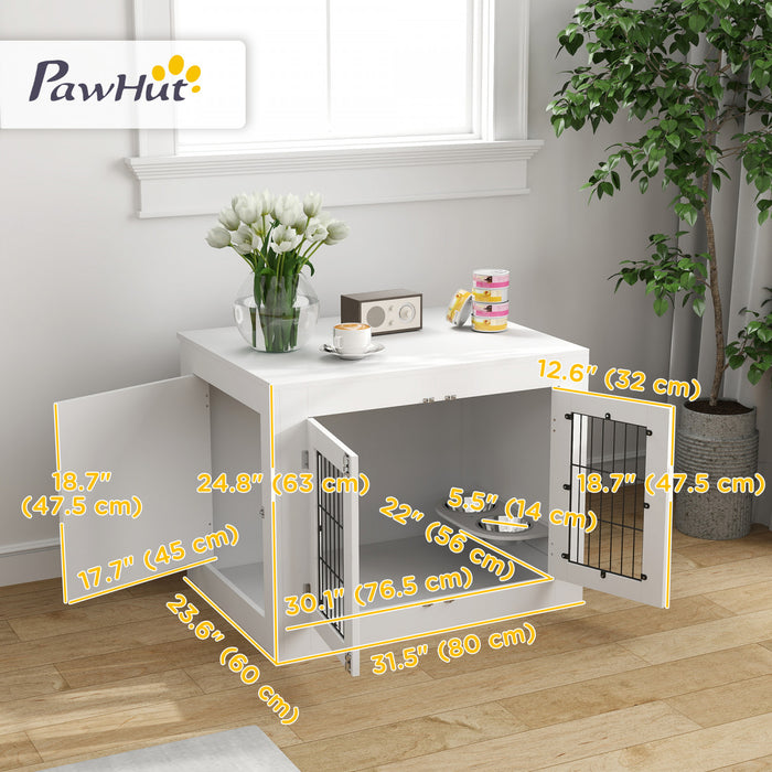 Pawhut Cage Pour Chien Avec Gamelles Amovibles Rotatives A 360°, Table D'appoint Laterale Pour Niche Avec Deux Portes, Pour Chiens De Taille Moyenne, 31.5\" X 24\" X 25\", Blanc