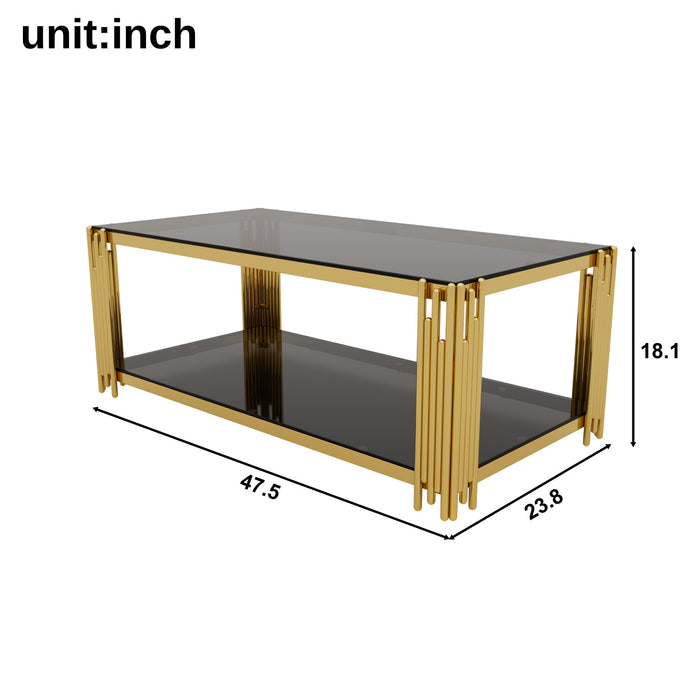 Aria Table Basse Rectangulaire Moderne 47.5 po avec Cadre Asymetrique Dore et Plateau Miroir, Noir