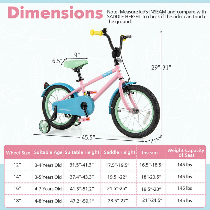 Costway 16\" Velo Pour Enfants Avec Guidon Reglable De Selle Roues D'entrainement Amovibles Frein A Main Rose