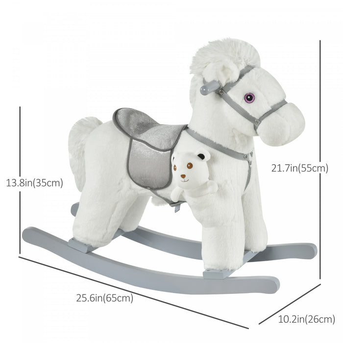 Qaba Kids Cheval A Bascule En Peluche Avec Ours, Chaise Pour Enfants Avec Peluche Douce Et Sons Realistes Amusants, Blanc