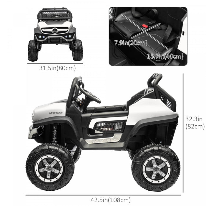 Aosom Camion Jouet Sous Licence Mercedes-benz, Vehicule Electrique Alimente Par Batterie 12 V Avec Telecommande 2,4 G, Suspension A Ressort A 3 Vitesses, Lumieres Led, Mp3, Musique, Klaxon, Blanc