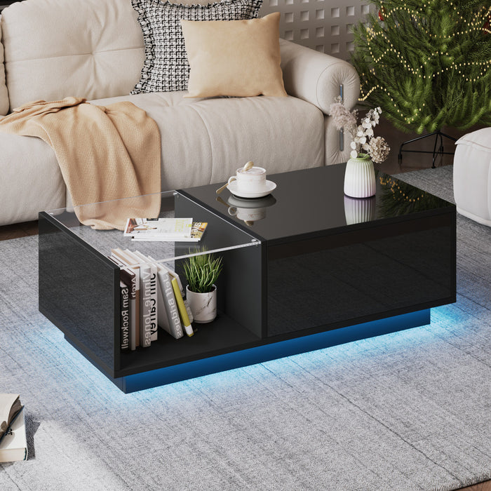 James table basse relevable – table avec rangement cache et eclairage LED, noir