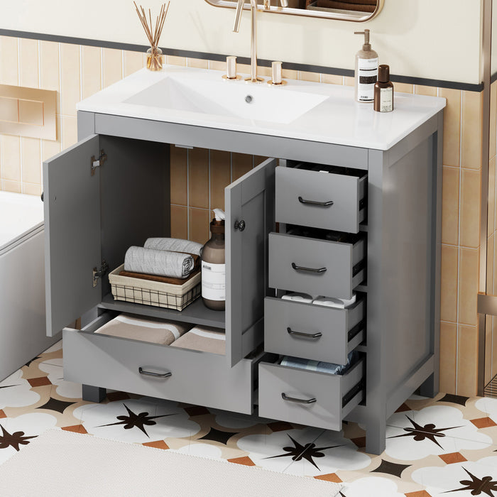 Meuble de salle de bain moderne Derek 36 pouces avec lavabo ceramique et rangement multiple, gris