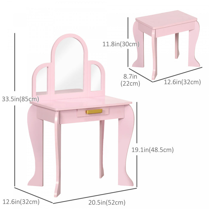 Qaba Ensemble Table De Maquillage, Coiffeuse Pour Filles, Bureau De Maquillage Avec Tiroir Pour Enfants De 3 A 6 Ans, Rose