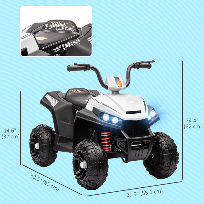 Qaba Voiture Electrique 12 V Pour Enfants, Quad Pour Enfants Alimente Par Batterie Avec Suspension A Ressorts A Quatre Roues, Avant Et Arriere, Lumiere Led, Mp3, Musique, Blanc
