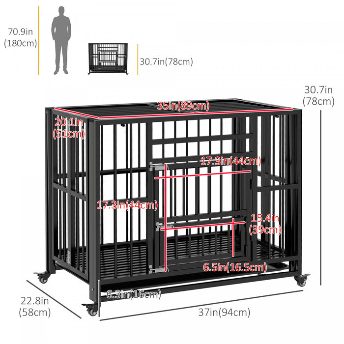 Pawhut Cage Pour Chien Robuste De 37\" Avec Roulettes Pour Chiens De Taille Moyenne Et Grande, Cage Pliable Avec Double Porte, Deux Verrous Anti-evasion, Plateau Amovible, Dessus Ouvrant, Noir
