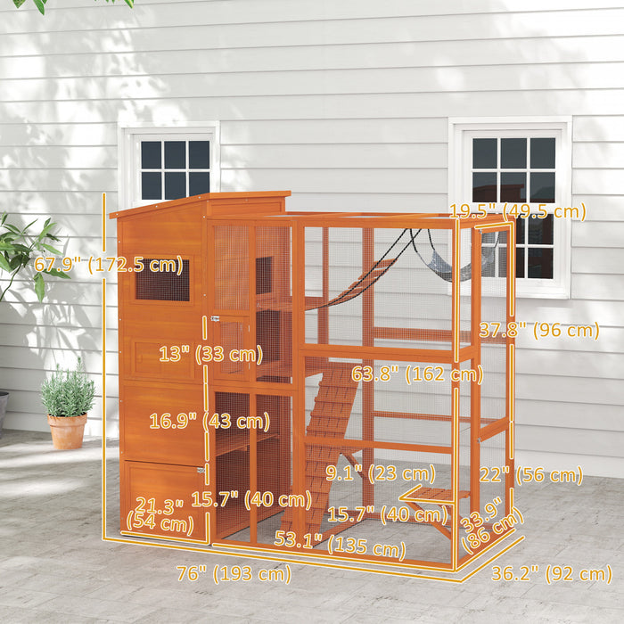 Pawhut Catio Enclos D'exterieur Pour Chat, 76\" De Long, Grande Maison Resistante Aux Intemperies Avec Plates-formes De Saut, Echelle, Rampes, Hamac Pour 2-3 Chats, Orange