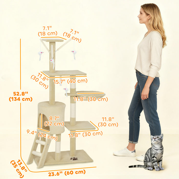 Arbre a chat PawHut, tour de 135 cm pour chatons d'interieur avec poteaux a griffer en sisal, perchoirs moelleux, niche, hamac, echelle, jouets suspendus, centre d'activites a plusieurs niveaux, beige