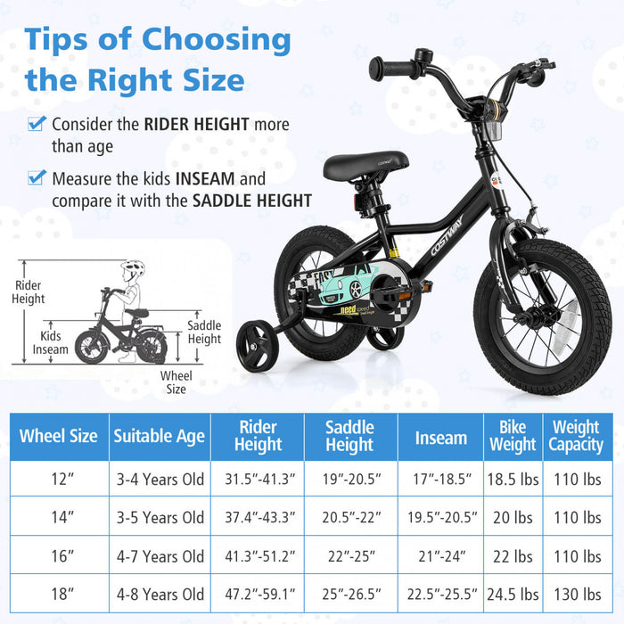 Costway 12\" Velo D'entrainement Pour Enfants Avec Roues D'entrainement Amovibles Pneumatiques Noir