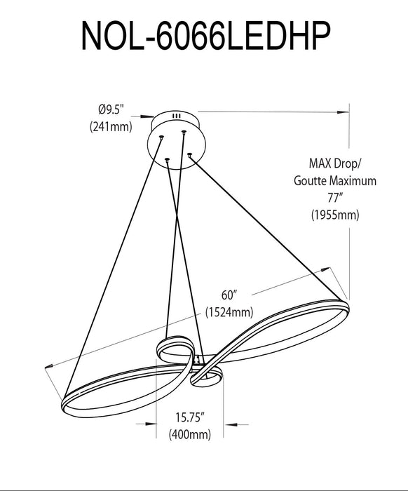 Luminaire suspendu horizontal Nola de Dainolite en silicone blanc qui diffuse la lumière, avec fini noir mat et ampoule à DEL de 76 W