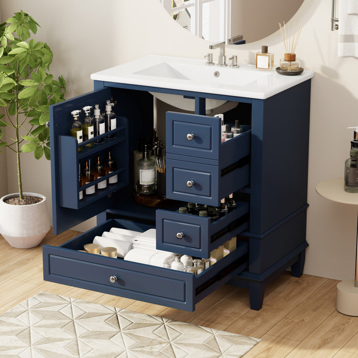 Emma Meuble-lavabo en bois massif de 30\" avec vasque en ceramique et porte a fermeture douce, Bleu