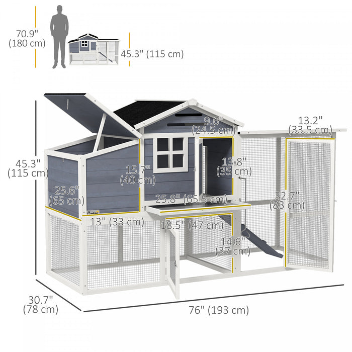 Pawhut Poulailler En Bois 76\", Poulailler D'exterieur, Cage A Volaille, Canard, Oie Avec Enclos Exterieur, Nichoir, Plateau Amovible Et Portes Verrouillables, Gris