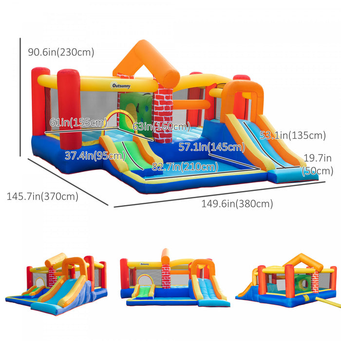 Outsunny 4 En 1 Chateau Gonflable Extra Large Double Slips Maison Piscine Mur D'escalade Avec Sac De Transport Souffleur D'air