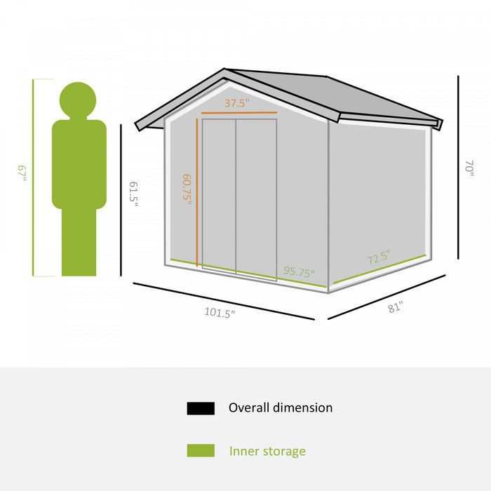 Outsunny 8,5' X 6,8' X 5,8' Remise A Outils De Rangement Pour Jardin A L'arriere-cour, Porte Coulissante Double, 4 Fentes De Ventilation, Vert
