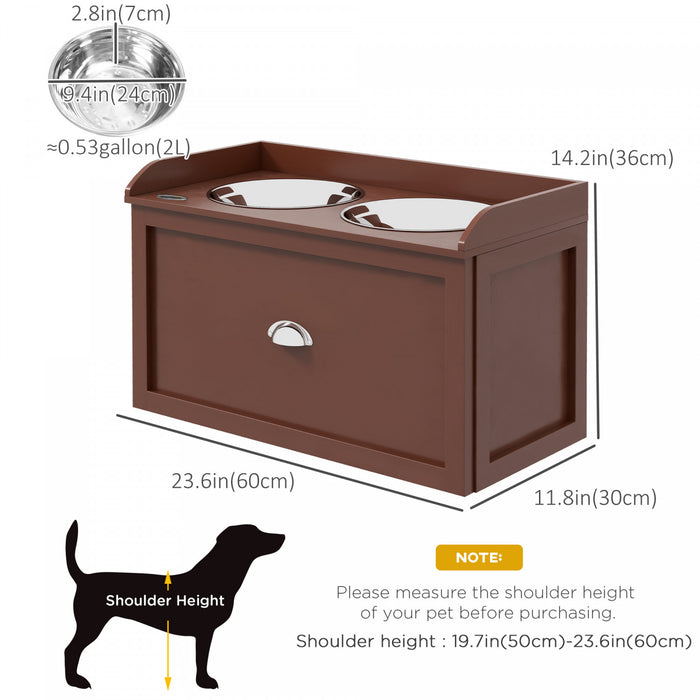 Pawhut Gamelles Surelevees Pour Chiens De Grande Taille, Station D'alimentation Surelevee Avec 2 Gamelles En Acier Inoxydable, Tiroir De Rangement Cache, Marron