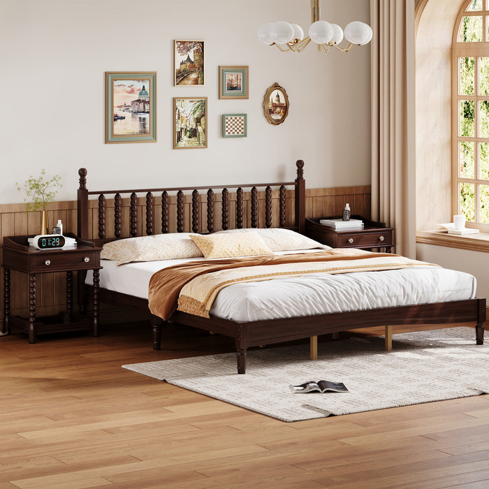 Oliver Lit Plateforme Retro en Bois avec Tete de Lit en Forme de Gourde et Support - Taille King